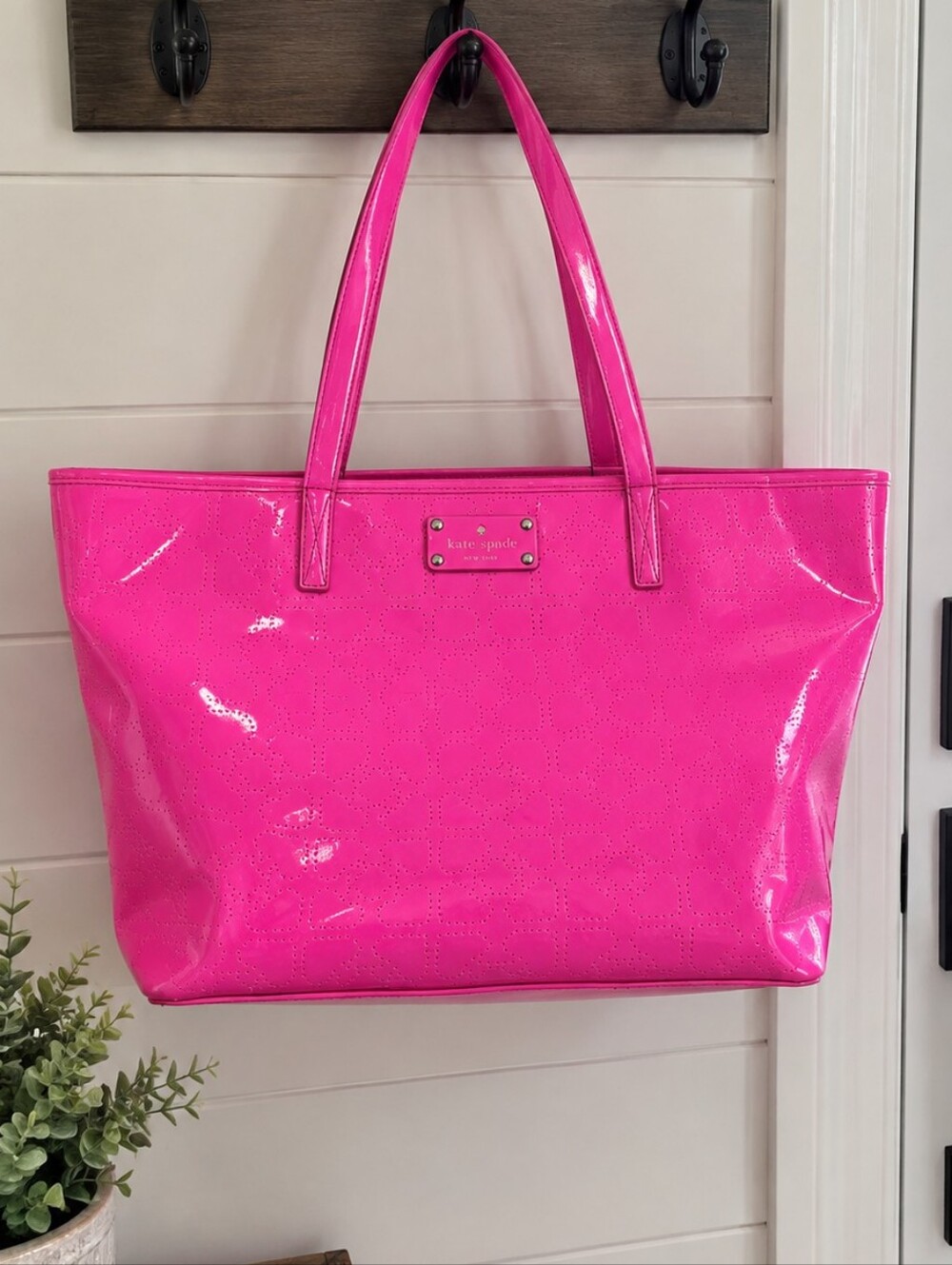 KATE SPADE Hot Pink Patent Logo Tote.  Perforated HEARTS.